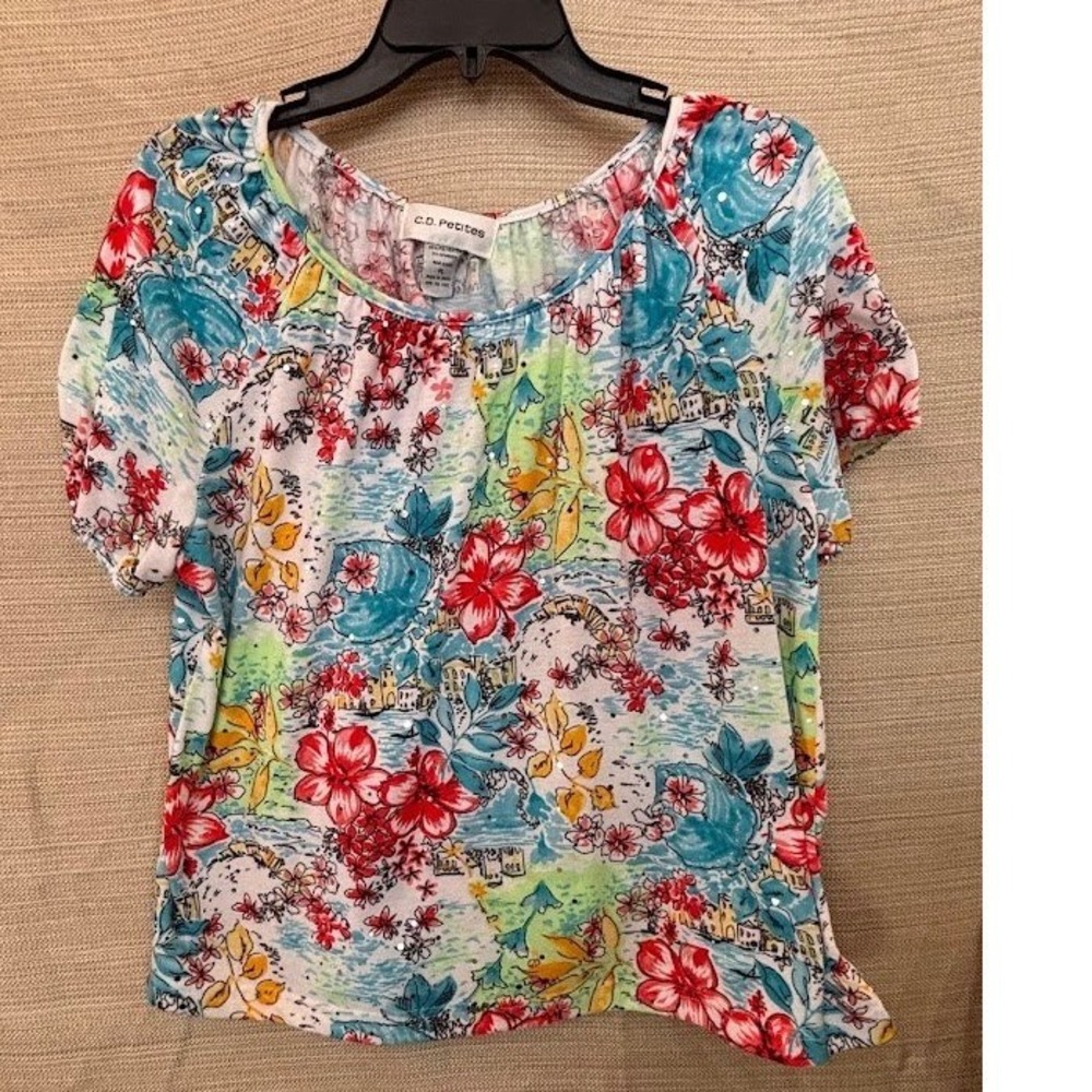 C.D. Petites Women Tropical Coastal Floral Sequin Scoop Neck Top Multicolor PL